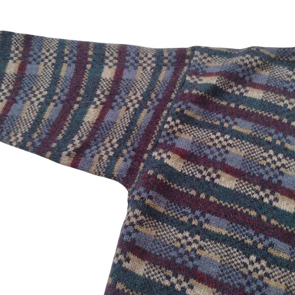 Vintage 90s Fair Isle Mens Shetland Wool Sweater M Blue Grandpa Cardigan - Picture 4 of 10